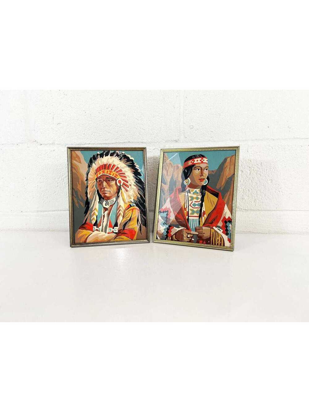 Vintage Framed Native American Paint By Numbers Set of 2 Art 1960s Southwestern